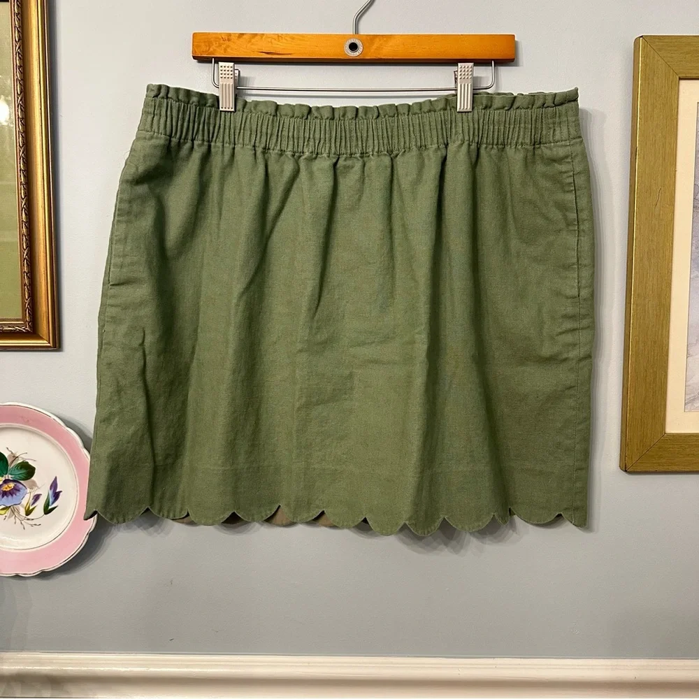 J Crew Green Scalloped Hem Mini Skirt Size 20 Preppy Linen Blend Pockets Boho - Picture 2 of 8
